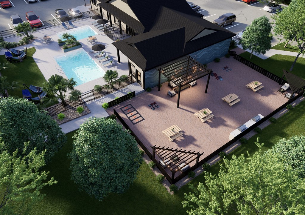 A backyard with a pool and a hot tub.