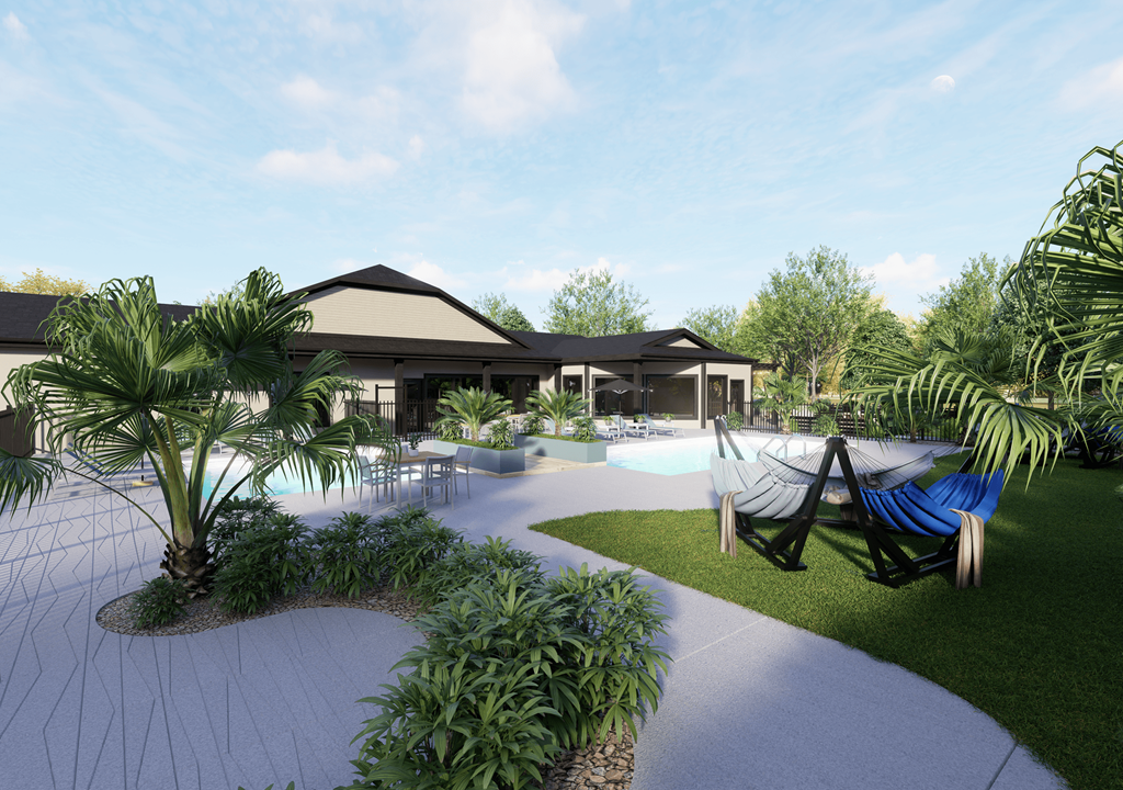 A modern house with a pool and a hammock in the backyard.