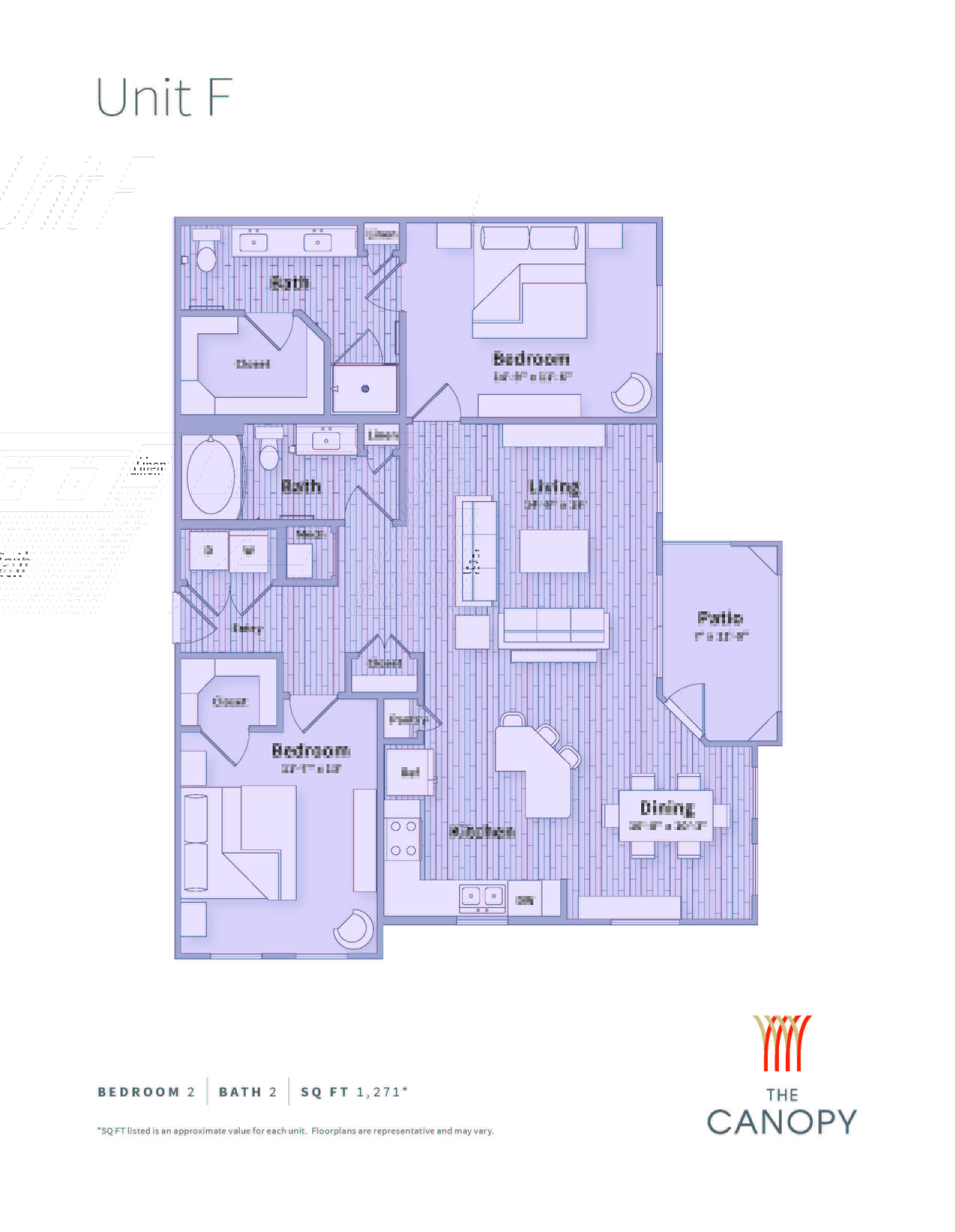A floor plan of a unit with a bedroom, bathroom, living room, kitchen, and dining area.