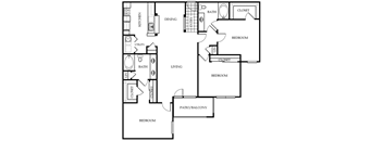 From entry ahead is living area and balcony. To the right is dining room, kitchen, storage, and laundry closet. Master bed with walk-in closet, closet, dual vanity bathroom. Bedroom 2 with closet is next to linen closet. Bedroom 3 with walk-in closet, bathroom access.