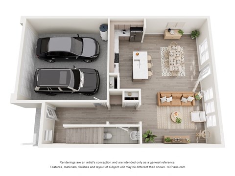 A top-down view of a modern house interior with two cars parked in the garage.