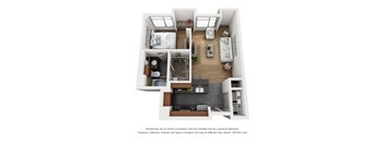 a stylized floor plan with a bedroom and a living room