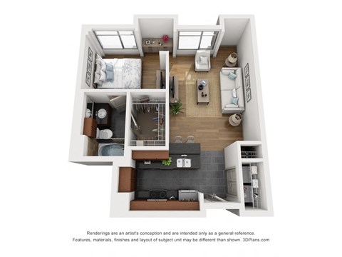 a stylized floor plan with a bedroom and a living room