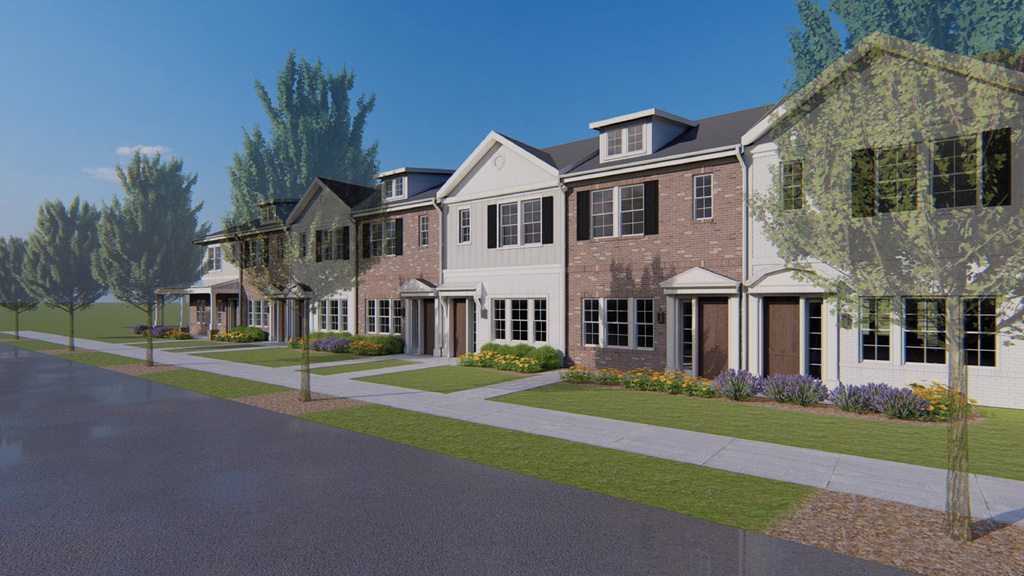 a rendering of a row of townhomes with a street and sidewalk in front