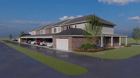 a rendering of a building with cars parked in front of it