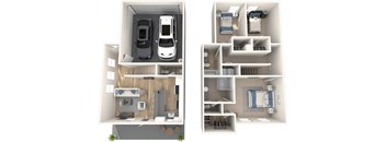 a rendering of a car parked in a garage and a floor plan of a house