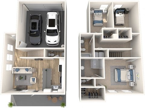 a rendering of a car parked in a garage and a floor plan of a house