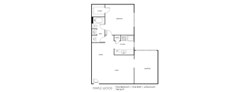 A floor plan of a one bedroom apartment with a bathroom and sunroom.