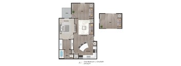 A one bedroom apartment with a living room, kitchen, and bathroom.