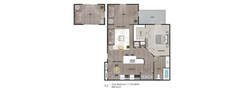 A 2 bedroom apartment with 828 square feet and one bath.