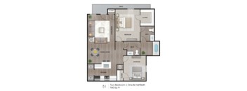 A floor plan of a one and a half bath home with two bedrooms.