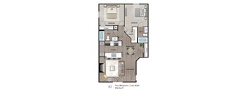 A floor plan of a two bedroom, two bathroom apartment.