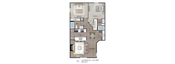 A floor plan of a two bedroom, two bathroom apartment.