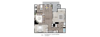 A floor plan of a two bedroom apartment with one and a half bath.