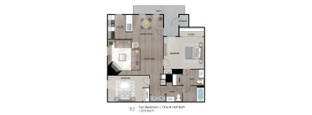 A floor plan of a two bedroom apartment with one and a half bath.