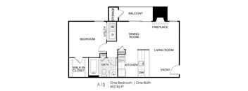 A floor plan of a one bedroom apartment with a bath.