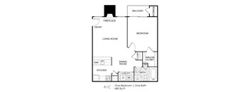 A floor plan for a one bedroom apartment with one bath.