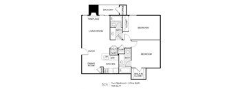 A floor plan of a small apartment with two bedrooms and one bathroom.