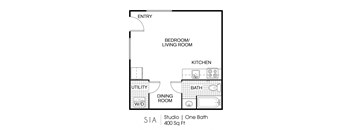 A floor plan of a studio apartment with one bath.
