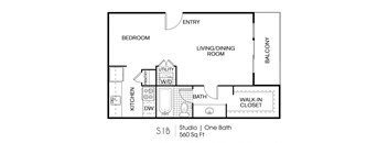 A floor plan of a studio apartment with a bedroom, living/dining room, kitchen, bath, and balcony.