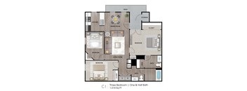 A floor plan of a three bedroom apartment with one and a half baths.