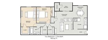 a floor plan of two bedrooms and one bath with a closet and a bathroom