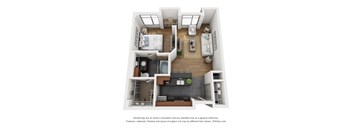 a 1 bedroom floorplan is shown in this rendering