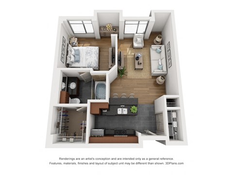 a 1 bedroom floorplan is shown in this rendering