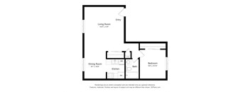 A floor plan of a small apartment with a living room, dining room, kitchen, bathroom and bedroom.