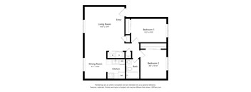 A floor plan of a small apartment with a living room, dining room, kitchen, and two bedrooms.