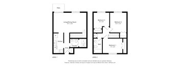 A floor plan shows two levels of a house with labeled rooms and dimensions.