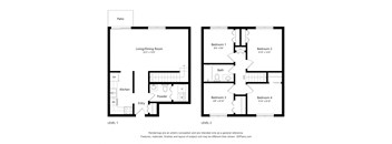 A floor plan shows two levels of a house with a living/dining room, kitchen, bathrooms, and bedrooms.