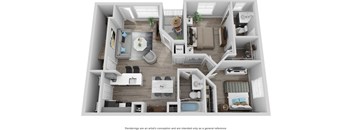 A 3D rendering of a modern, two-story house with a living room, kitchen, dining room, and bedrooms.