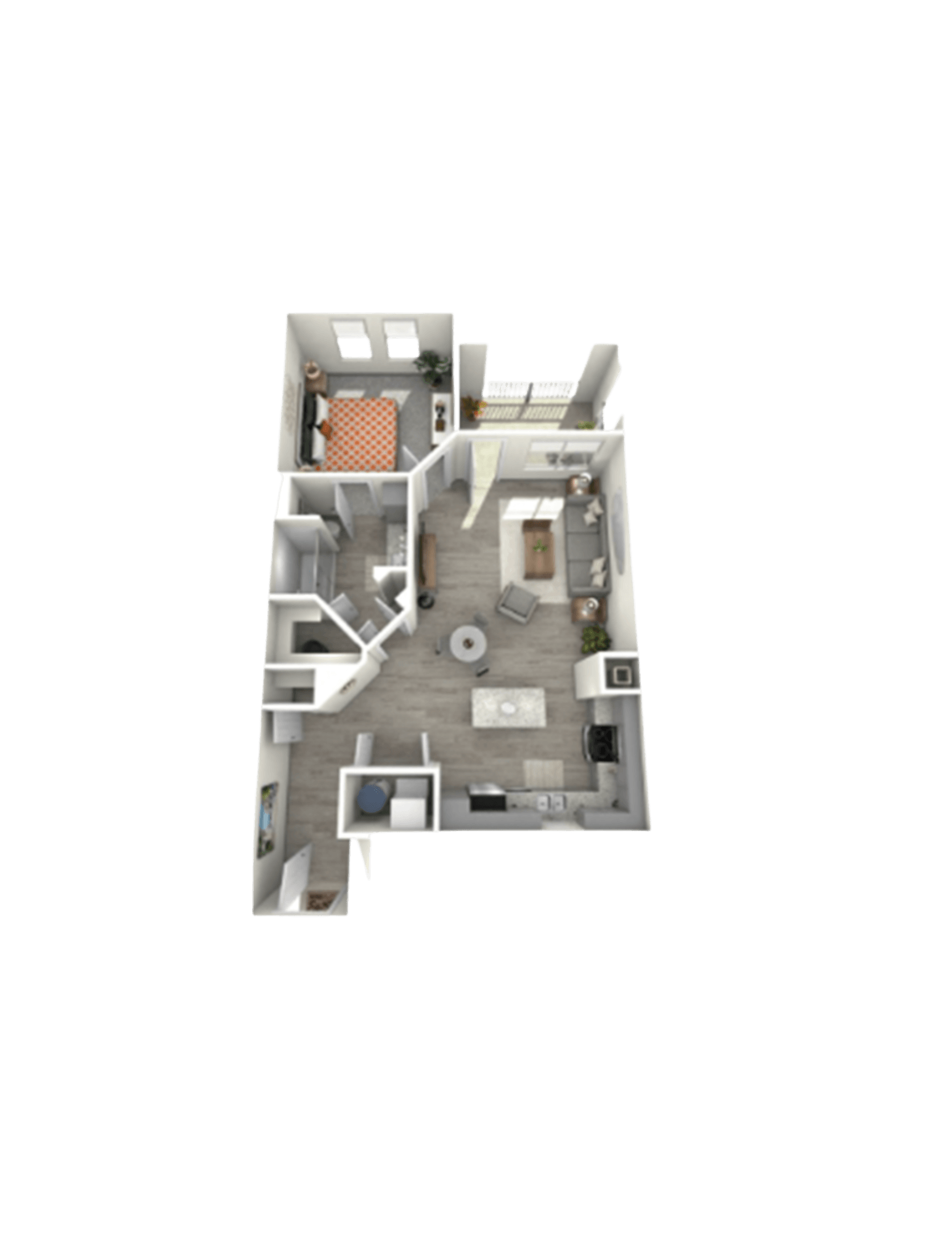 A 3D rendered image of a small apartment layout.