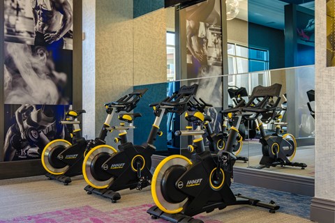a row of exercise bikes in a gym