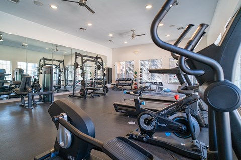 a gym with cardio machines and other exercise equipment