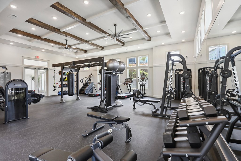 a large fitness room with weights and cardio equipment