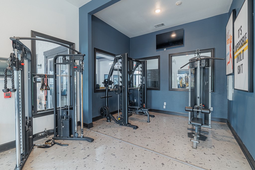 A gym with a variety of equipment including a squat rack, a bench press, and a cable machine.