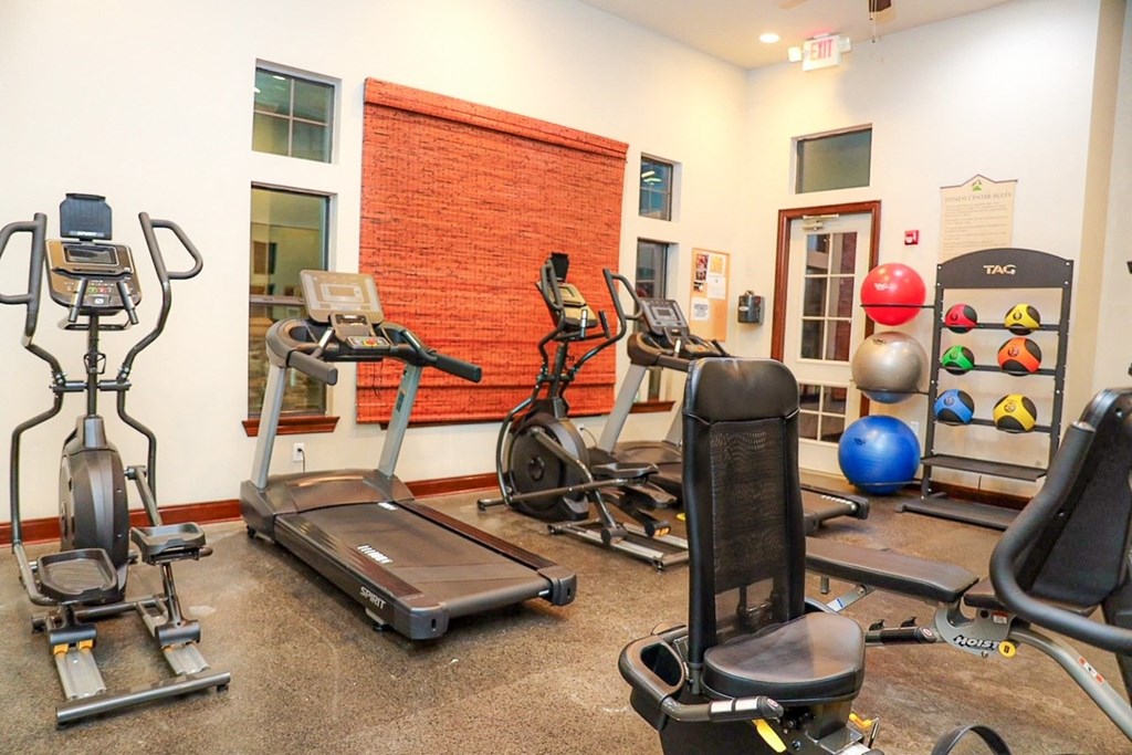 a gym with cardio equipment and weights at the at the village apartments