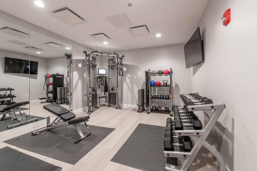 A well-equipped gym with a variety of exercise machines and weights.