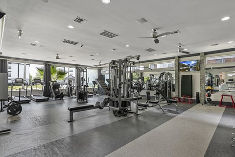 A spacious gym with a variety of equipment.