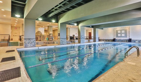 Swimmers in a large indoor pool.