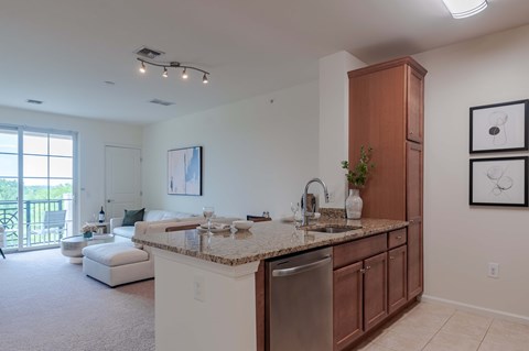 A kitchen with a sink and a counter.