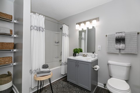 a bathroom with a toilet sink and shower and a mirror