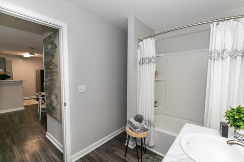 a bathroom with a shower and a sink and a mirror