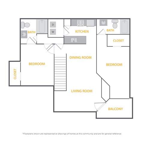 A floor plan of a home with a living room, dining room, kitchen, two bedrooms, two bathrooms, a closet, and a balcony.