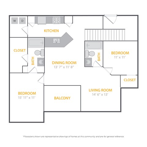 A floor plan of a home with a living room, dining room, kitchen, and three bedrooms.