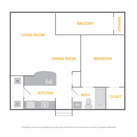 A floor plan of a home with a living room, dining room, kitchen, bedroom, bathroom, closet, and balcony.