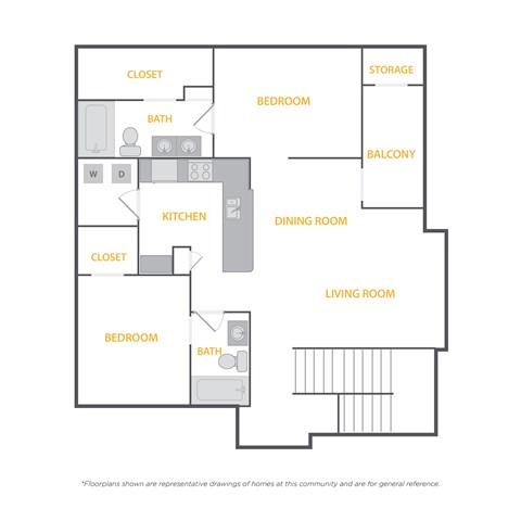 A floor plan of a home with a living room, dining room, kitchen, two bedrooms, two bathrooms, a balcony, and storage.