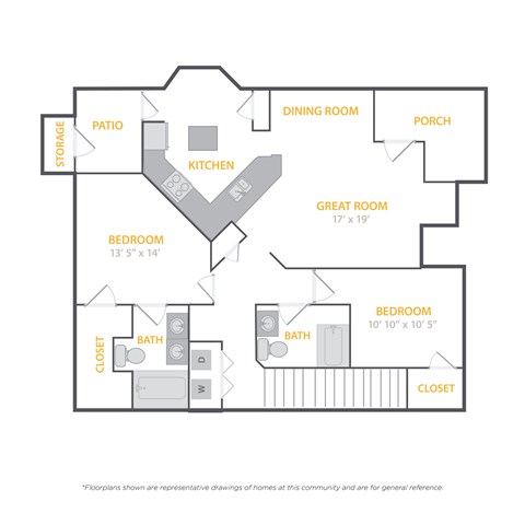 A floor plan of a home with a kitchen, two bathrooms, a dining room, and two bedrooms.